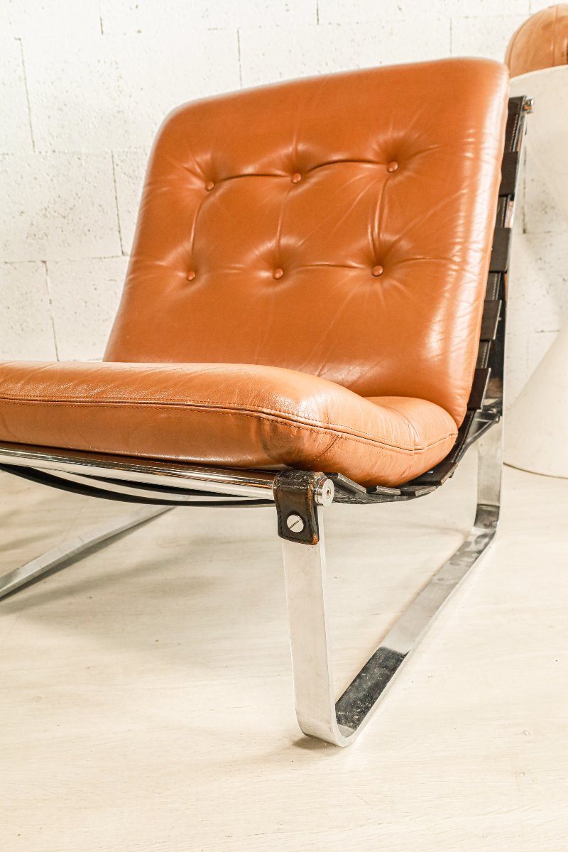 Paire de chauffeuses fauteuils en cuir des années 60 70 design Ico Parisi vintage-photo-4