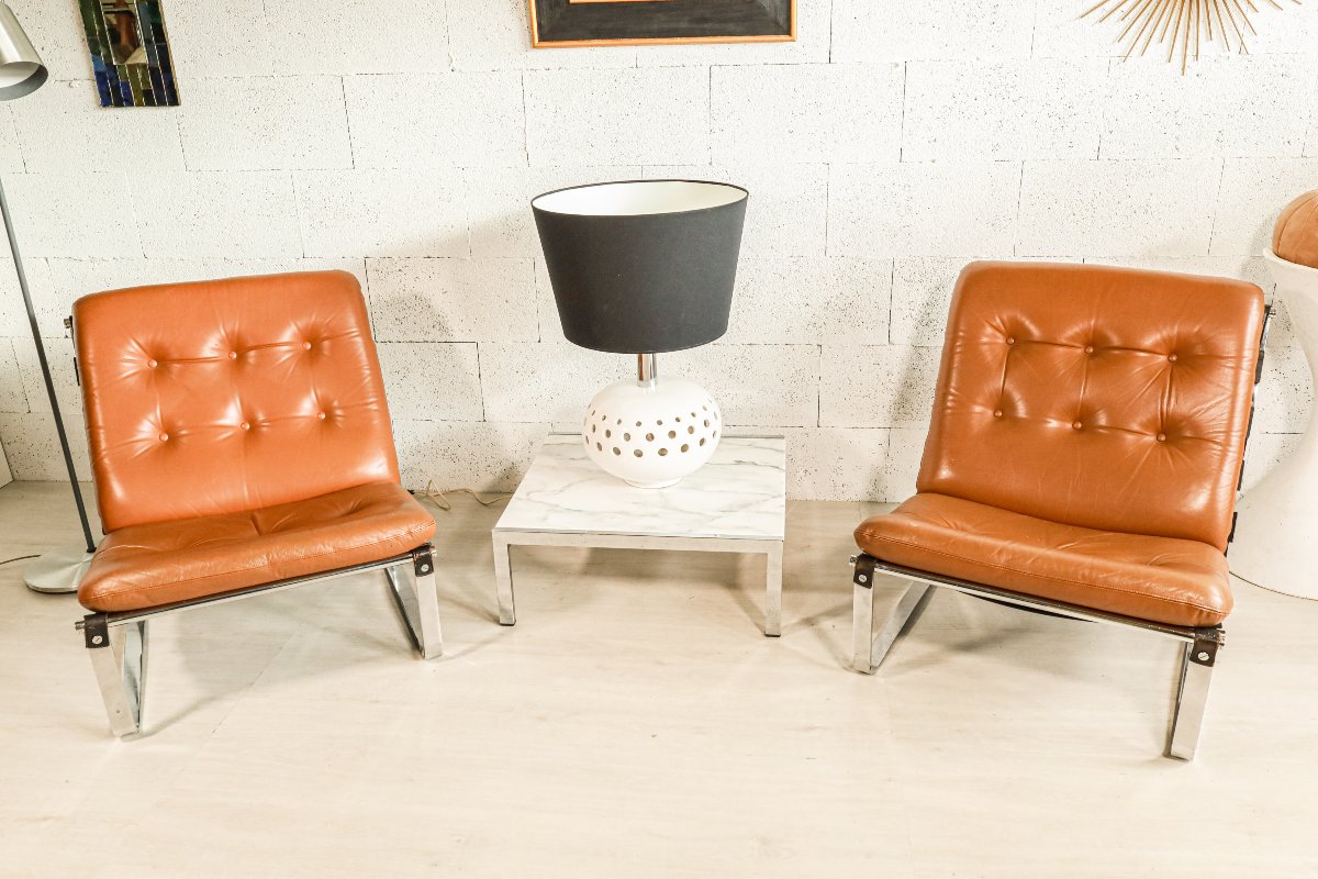 Paire de chauffeuses fauteuils en cuir des années 60 70 design Ico Parisi vintage-photo-1