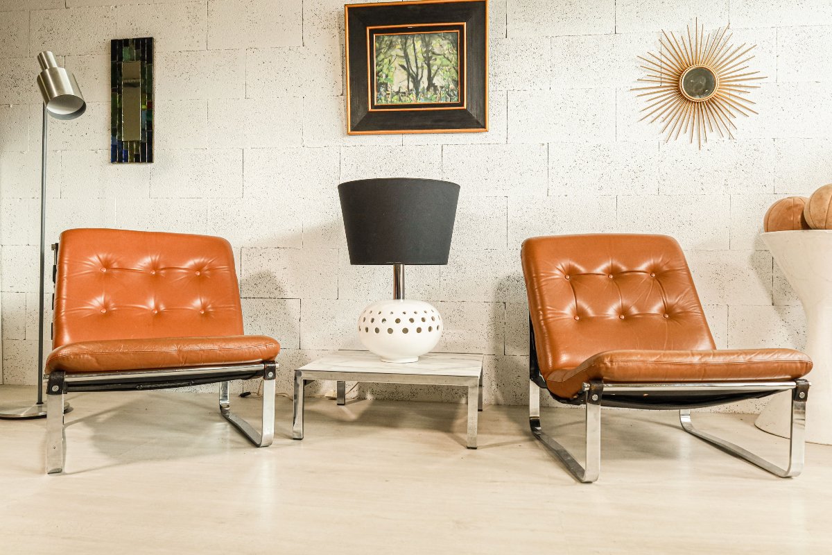 Paire de chauffeuses fauteuils en cuir des années 60 70 design Ico Parisi vintage-photo-2