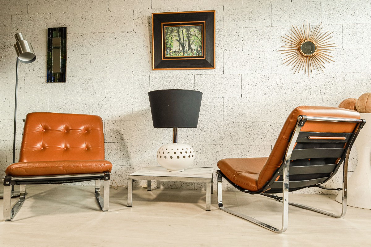 Paire de chauffeuses fauteuils en cuir des années 60 70 design Ico Parisi vintage