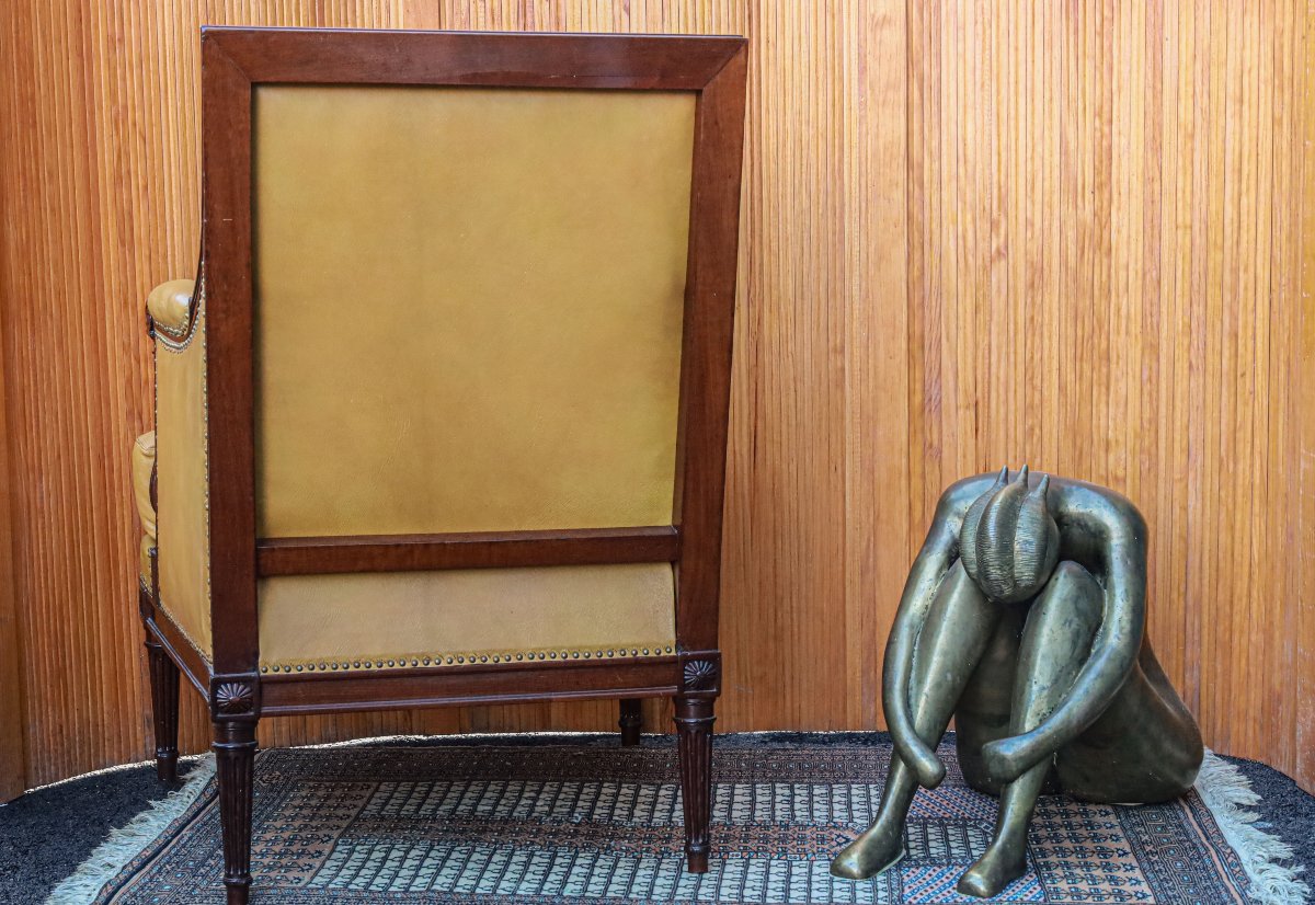 Ancienne bergère acajou cuir Louis XVI -photo-4