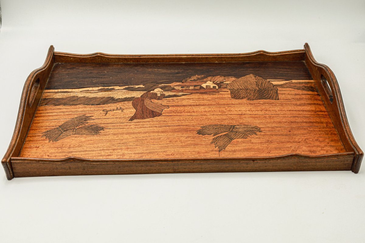 Rare plateau bois marqueté Art Nouveau signé Paul Guth-photo-4