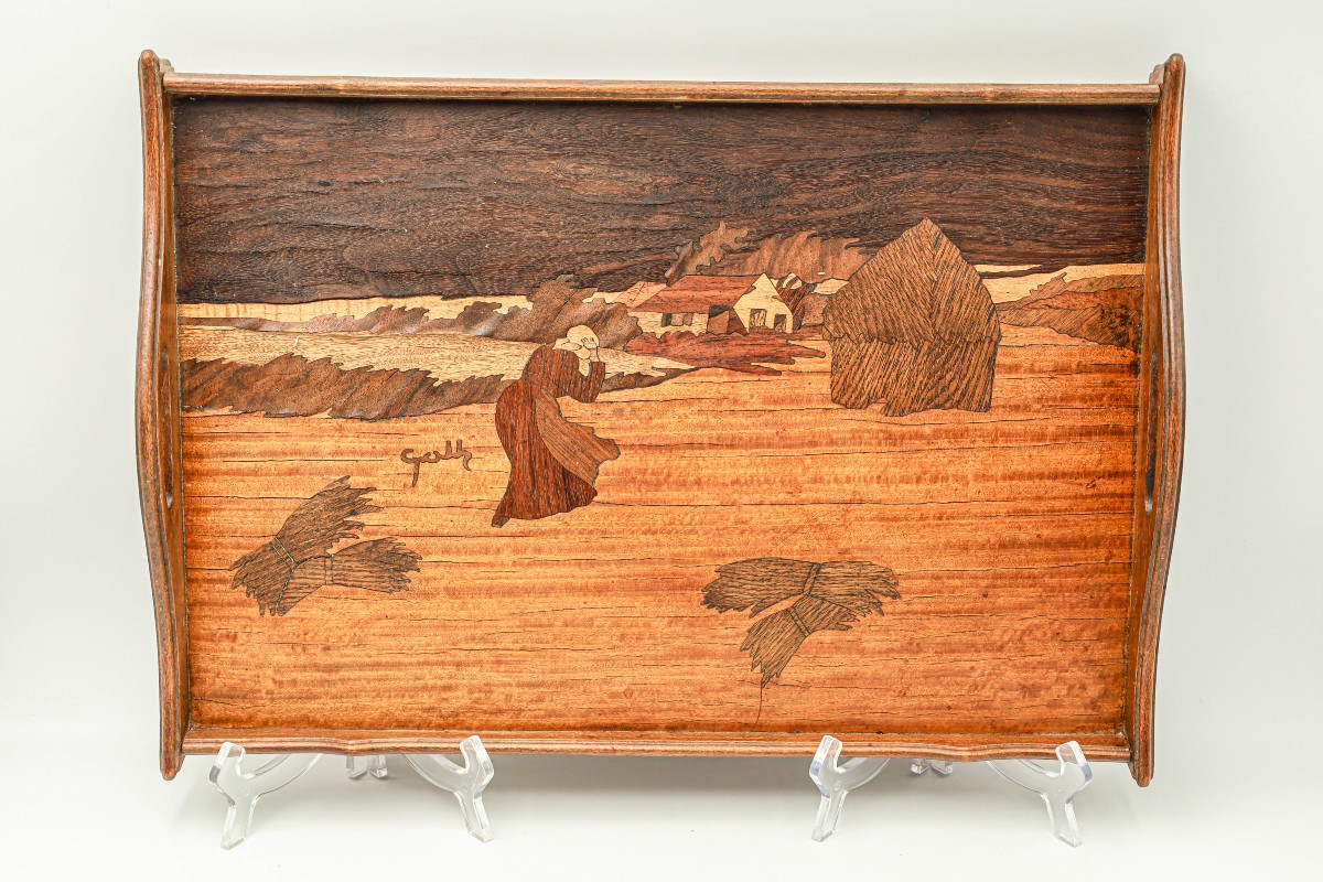 Rare plateau bois marqueté Art Nouveau signé Paul Guth