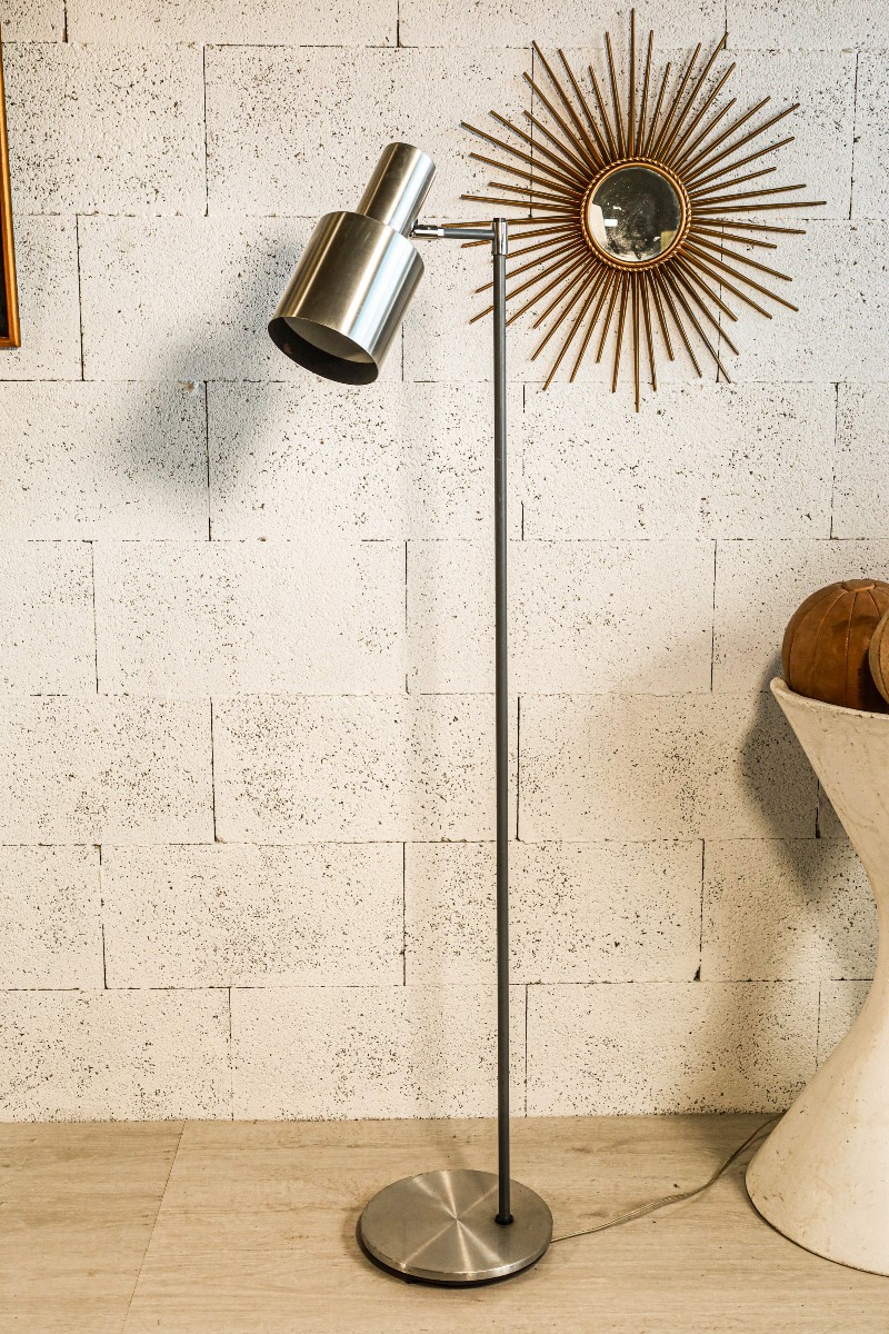 Brushed Metal Floor Lamp From The 1970s, Vintage Scandinavian Design By Jo Hammerborg For Fog And Morup 