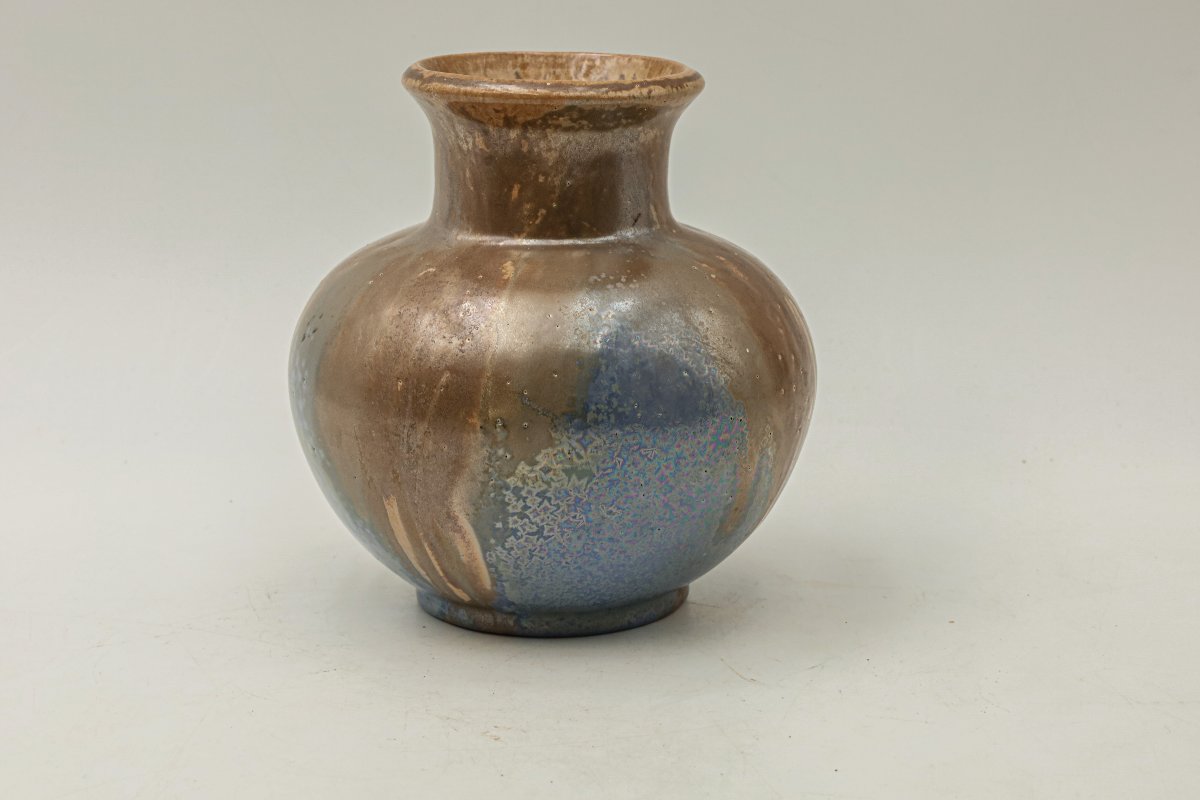Iridescent Flamed Stoneware Vase, Mont Chevalier, Cannes, Léon Castel, Art Nouveau-photo-3