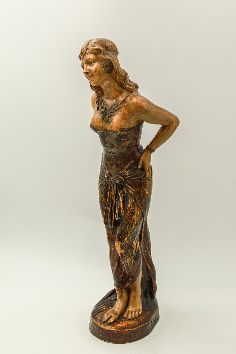 Statue en terre cuite Art Nouveau femme orientaliste signée Calendi-photo-3