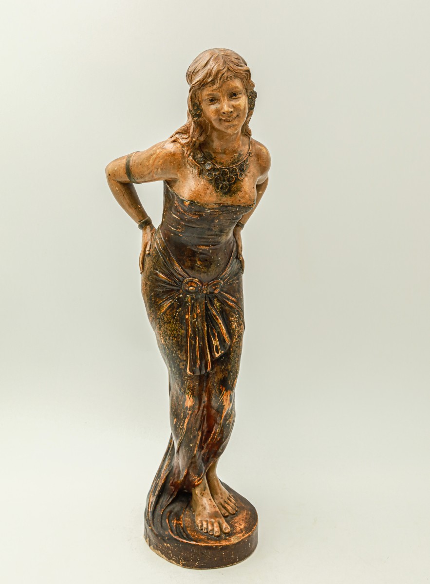 Statue en terre cuite Art Nouveau femme orientaliste signée Calendi