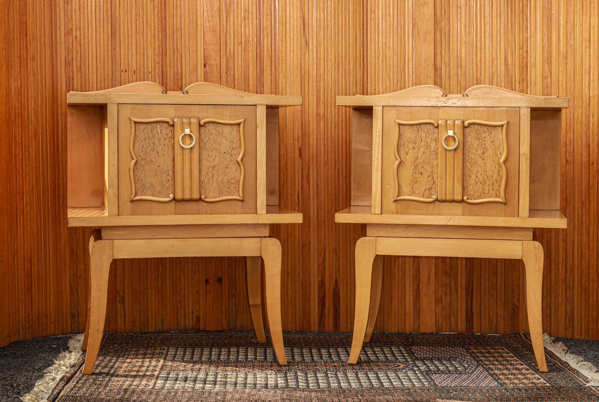 Paire de chevets néoclassiques modernistes bois clair -photo-3