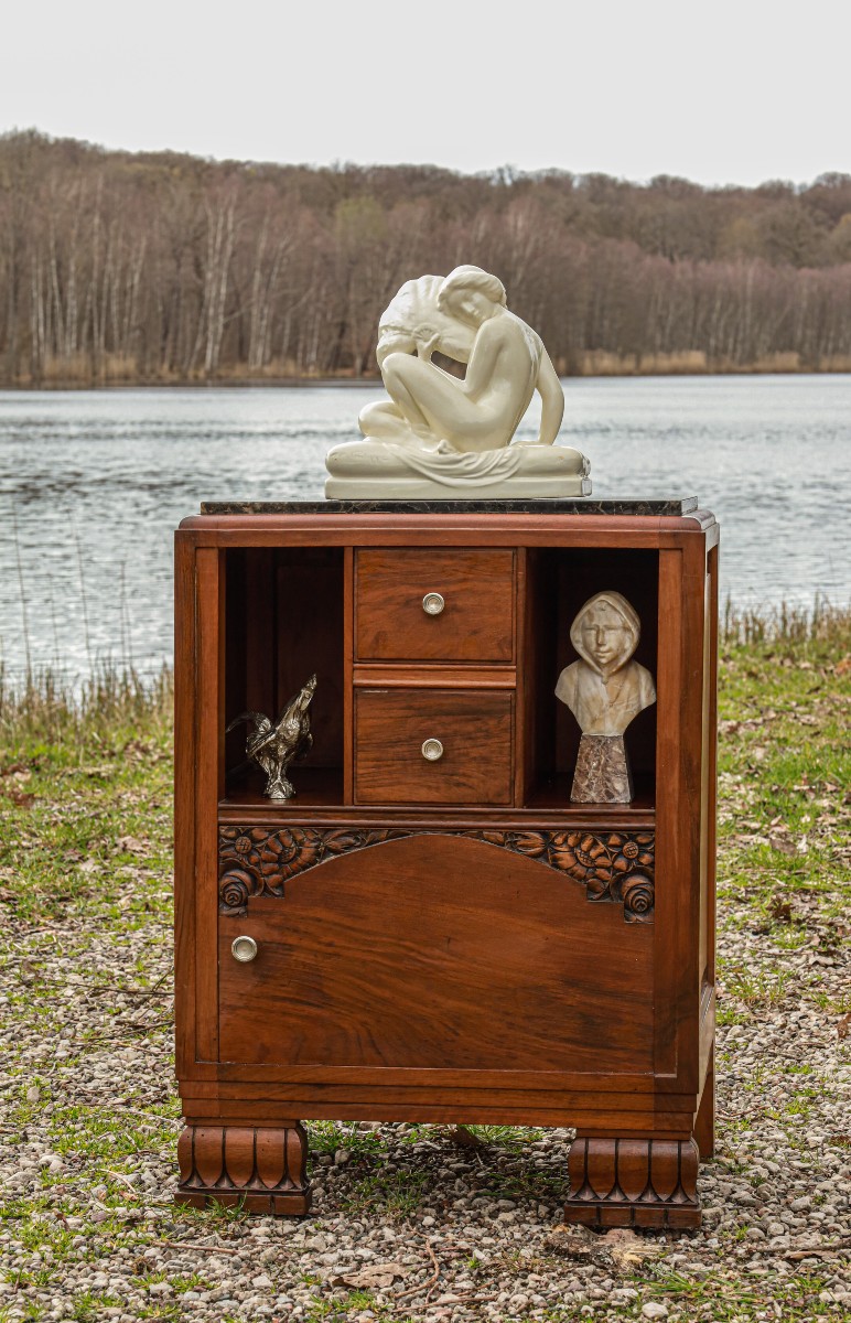 Chevet bout de canapé meuble desserte en noyer Art Déco 