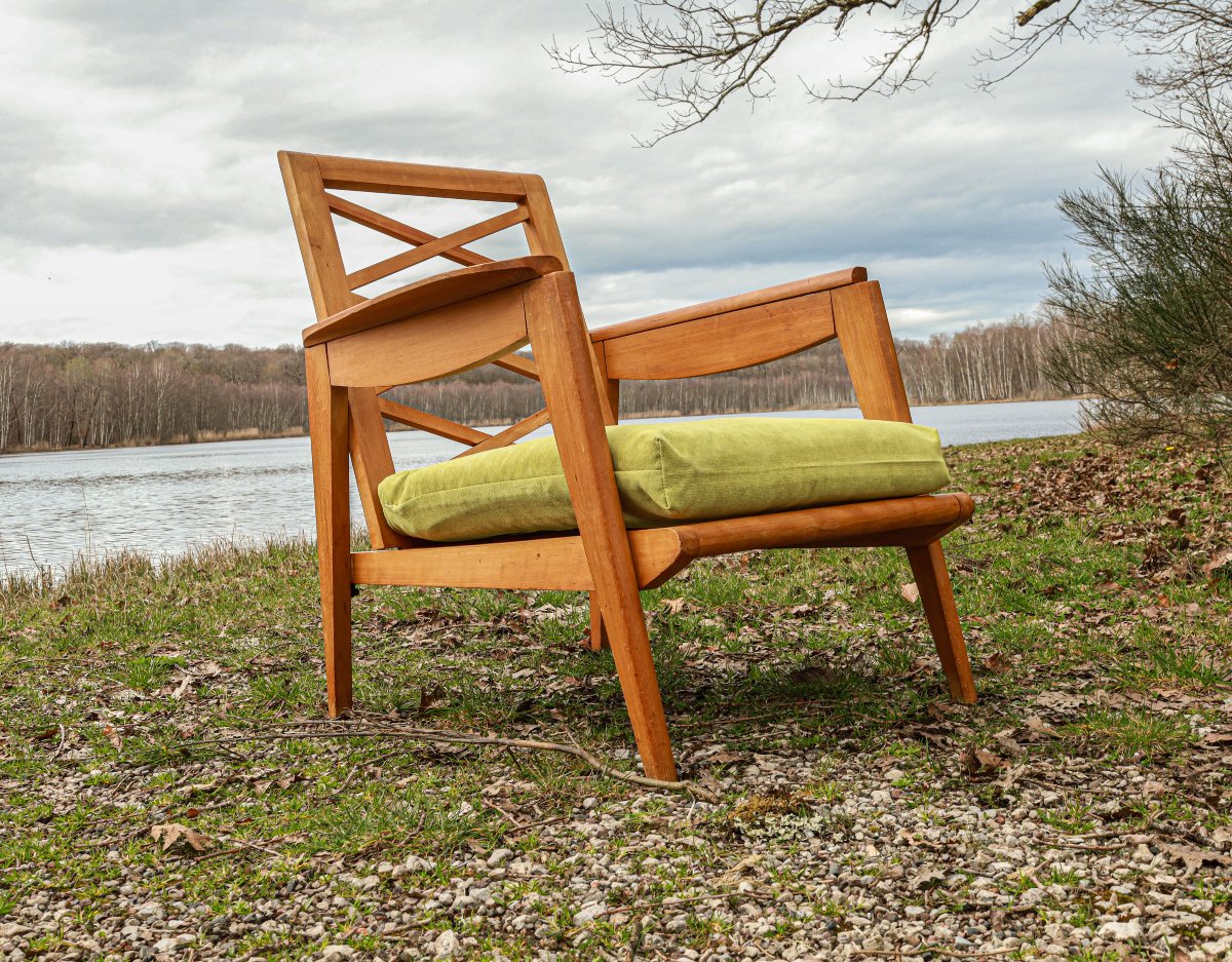 Vintage 1950s Design Armchair In Light Beech With A Cross-braced Backrest -photo-3