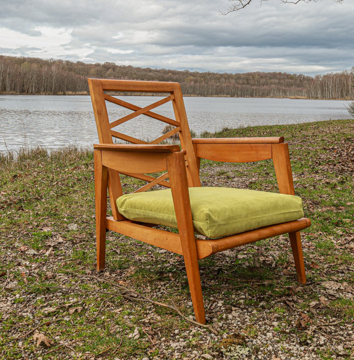 Vintage 1950s Design Armchair In Light Beech With A Cross-braced Backrest -photo-4