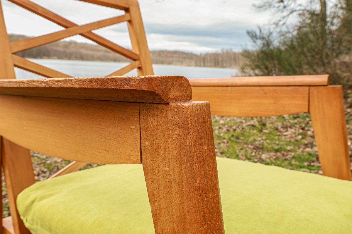 Vintage 1950s Design Armchair In Light Beech With A Cross-braced Backrest -photo-2