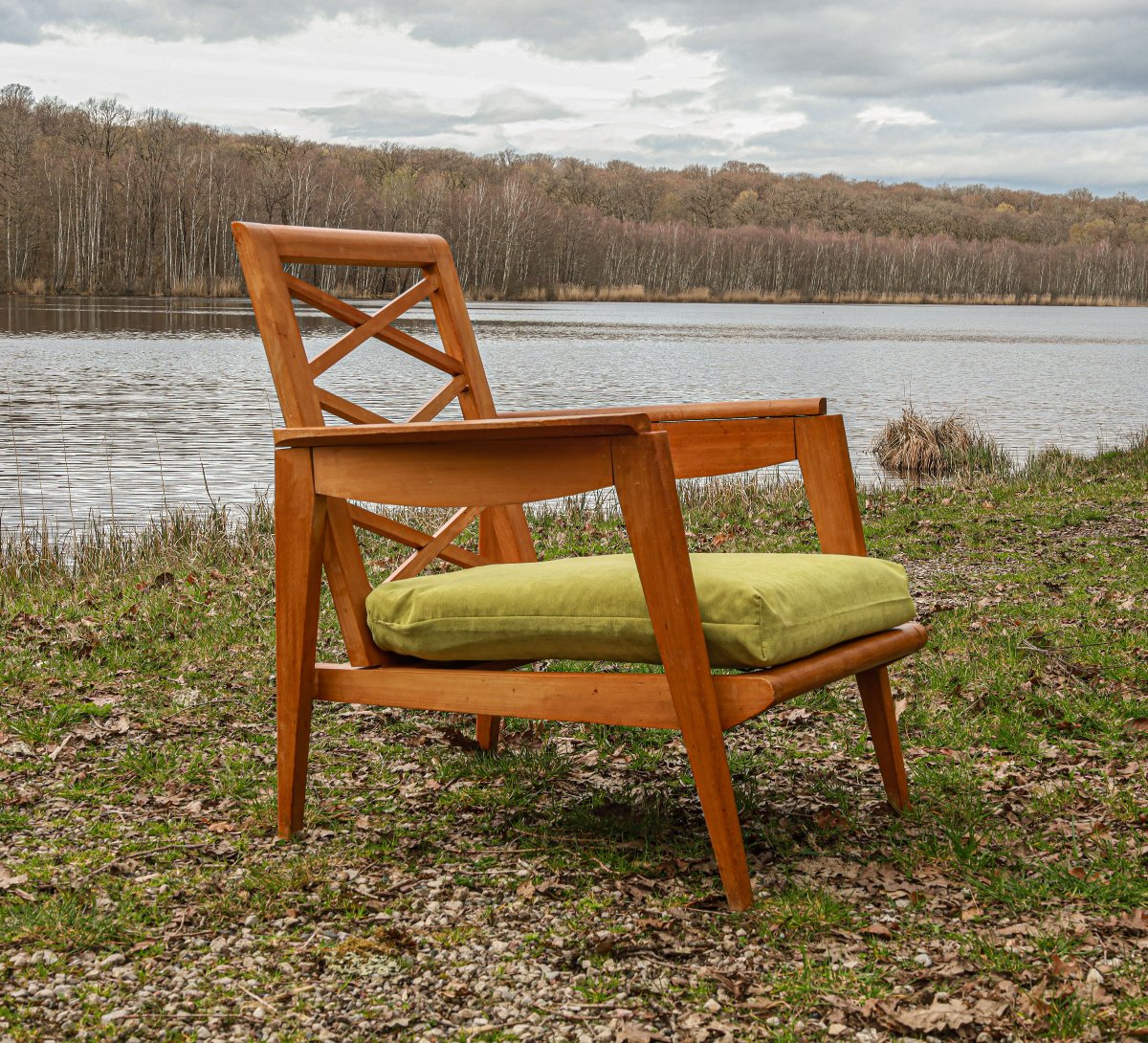 Vintage 1950s Design Armchair In Light Beech With A Cross-braced Backrest -photo-3