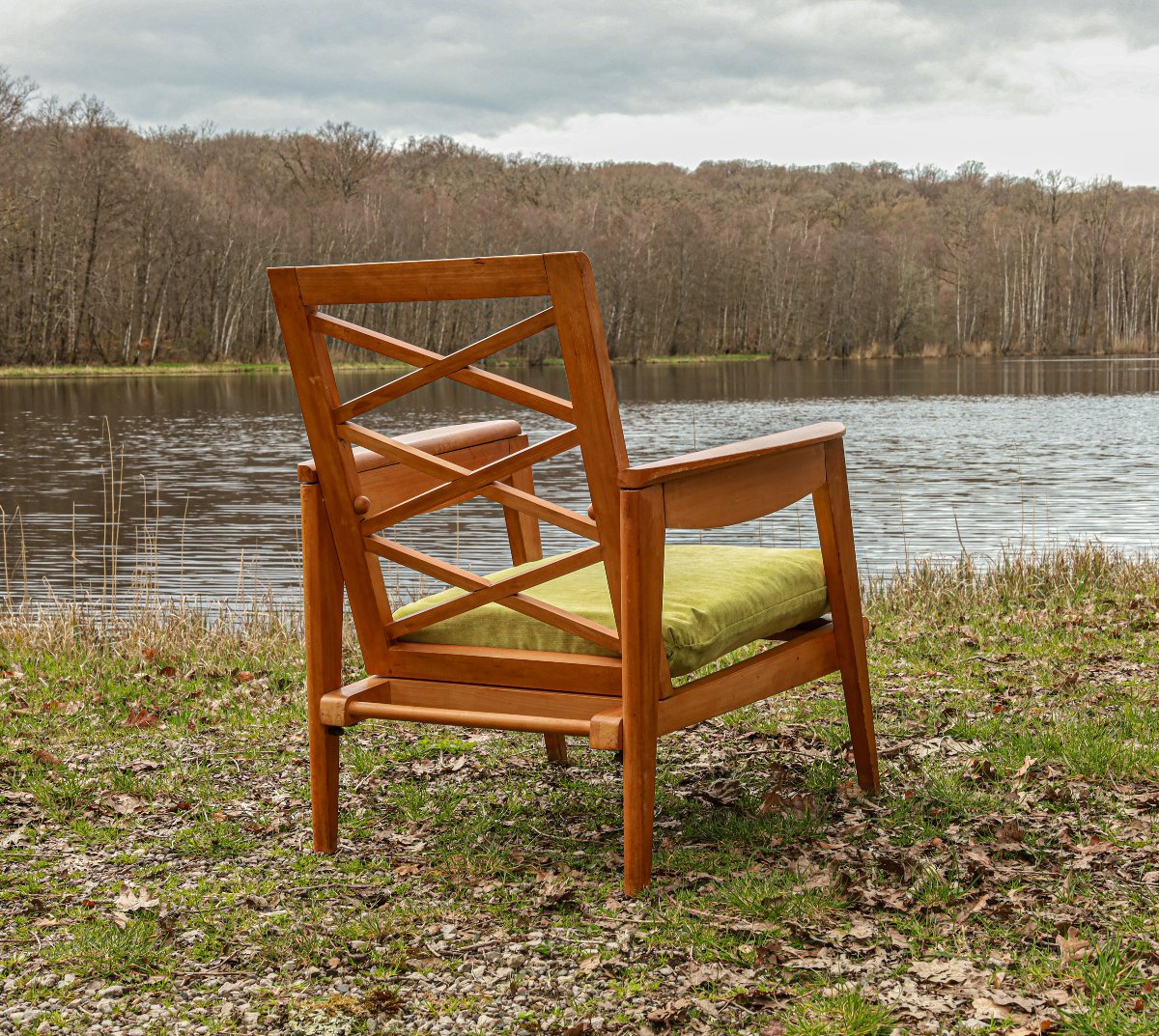 Vintage 1950s Design Armchair In Light Beech With A Cross-braced Backrest -photo-4