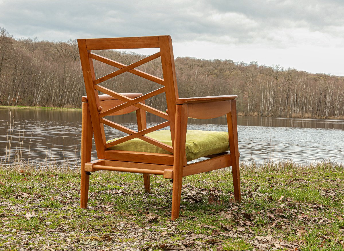 Vintage 1950s Design Armchair In Light Beech With A Cross-braced Backrest -photo-5