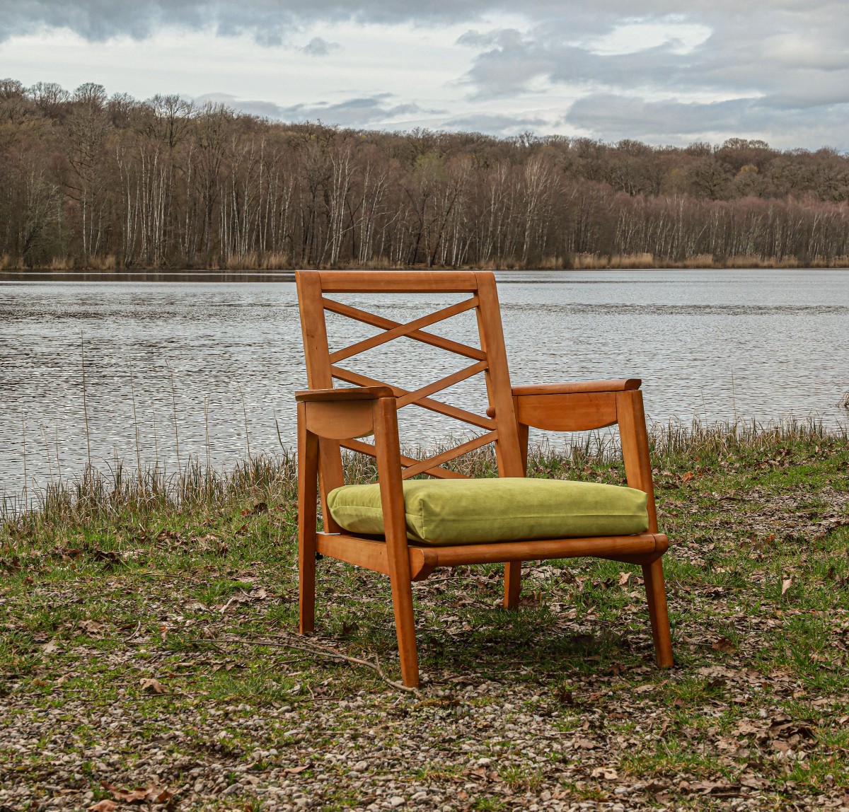 Vintage 1950s Design Armchair In Light Beech With A Cross-braced Backrest 