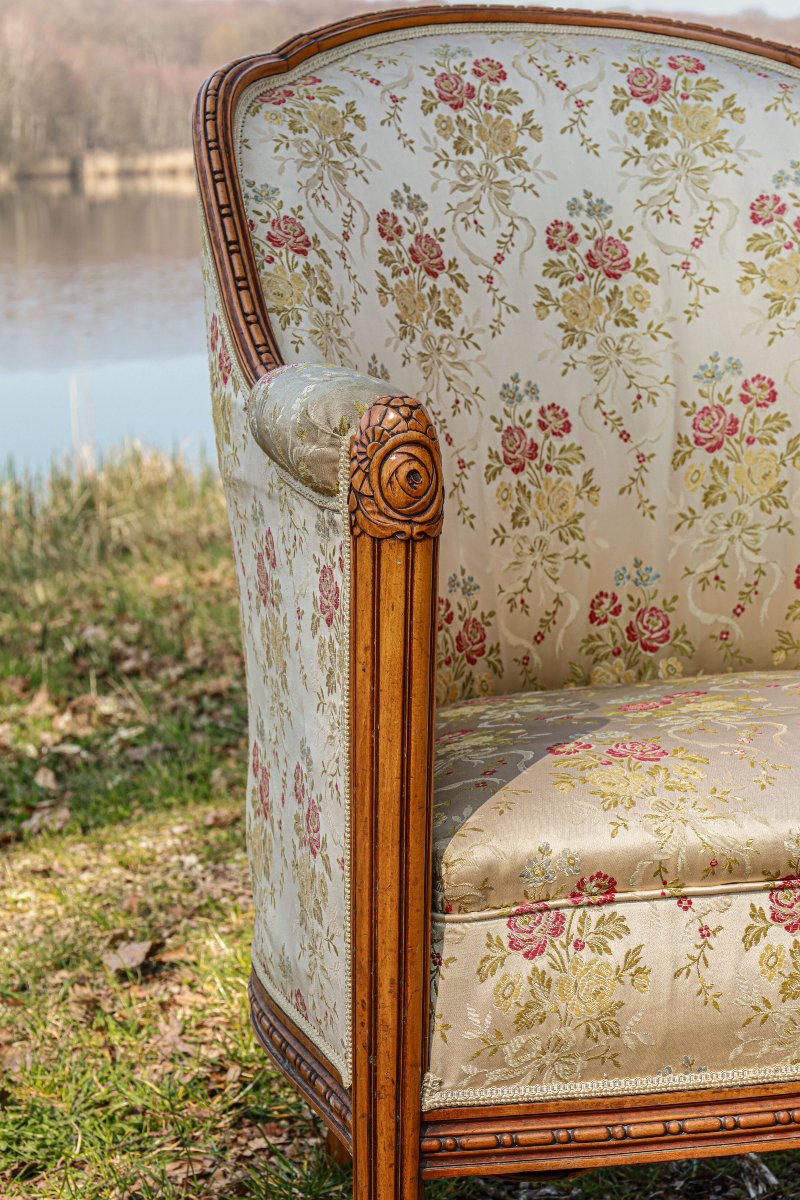 Fauteuil bergère Art Déco noyer massif attribuée à Paul Follot-photo-3