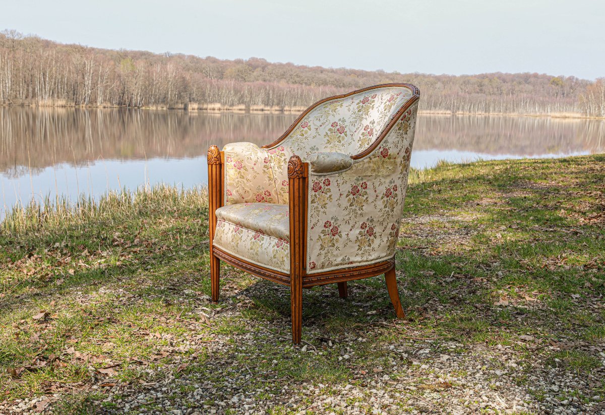 Fauteuil bergère Art Déco noyer massif attribuée à Paul Follot-photo-7