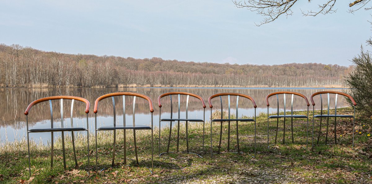 Set Of 6 Post-modern Design Chairs From The 90s, Made Of Leather, Wood And Metal-photo-4