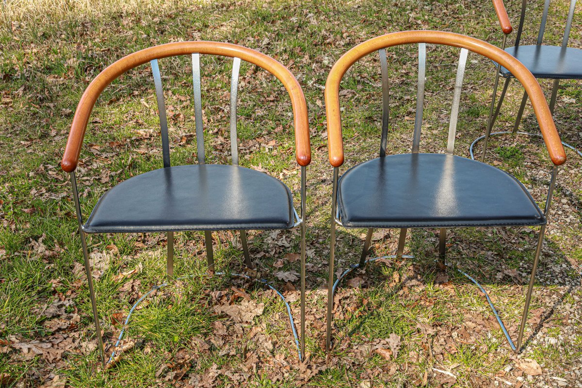Set Of 6 Post-modern Design Chairs From The 90s, Made Of Leather, Wood And Metal-photo-1
