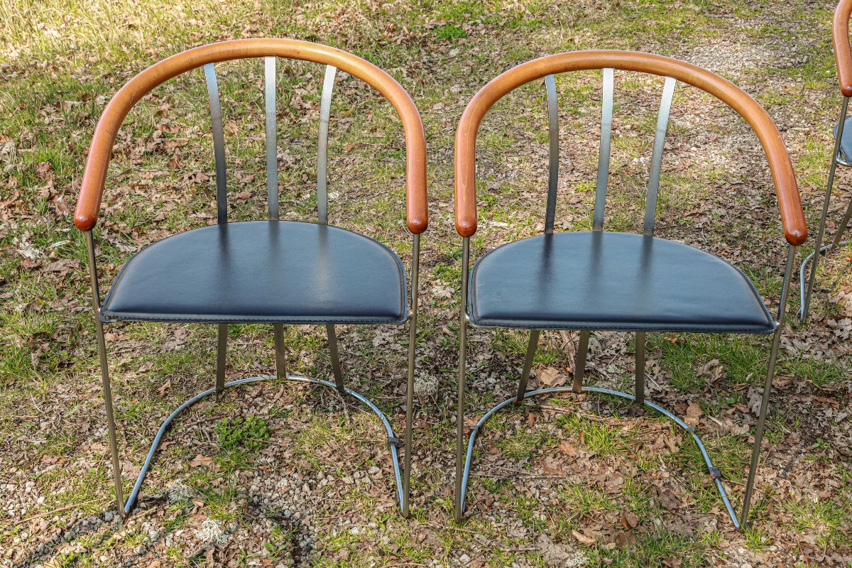 Set Of 6 Post-modern Design Chairs From The 90s, Made Of Leather, Wood And Metal-photo-2