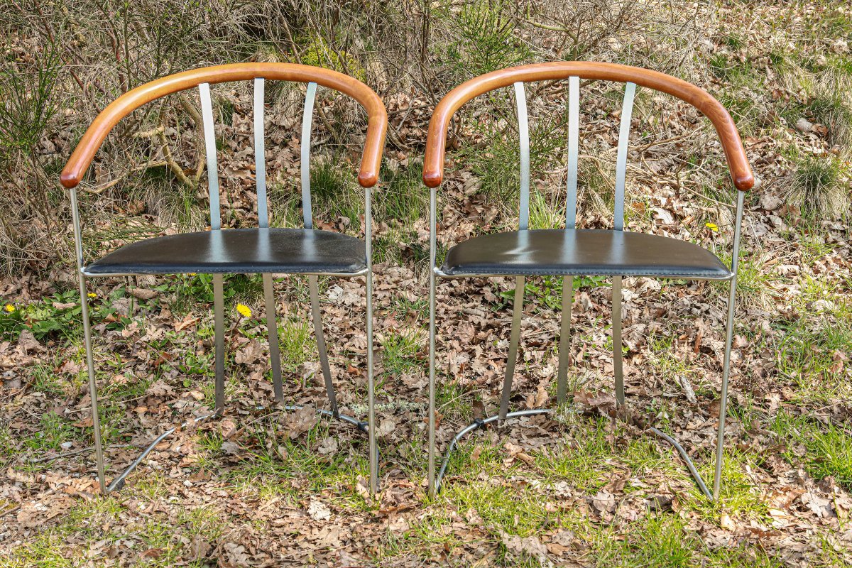 Set Of 6 Post-modern Design Chairs From The 90s, Made Of Leather, Wood And Metal-photo-3