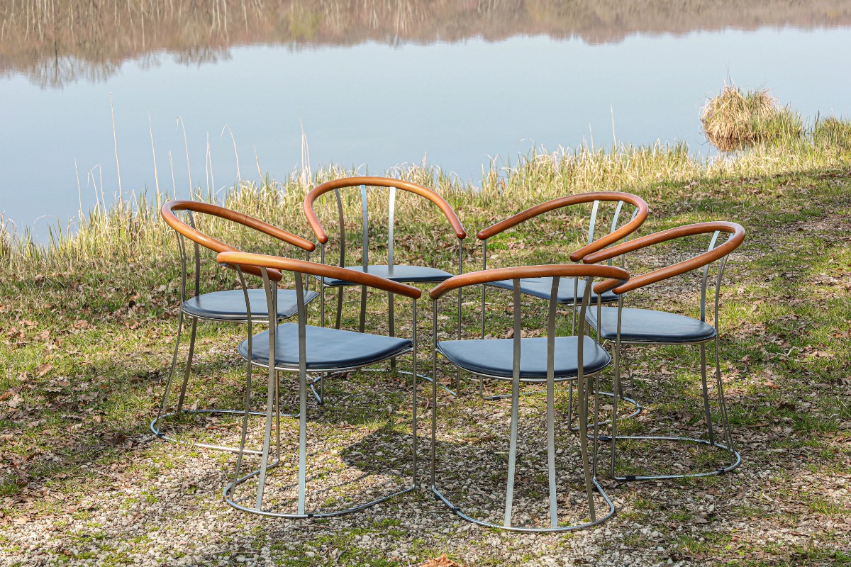 Set Of 6 Post-modern Design Chairs From The 90s, Made Of Leather, Wood And Metal