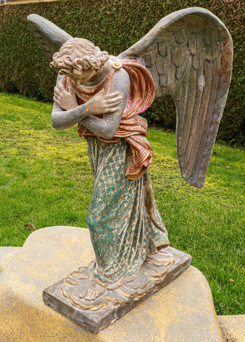 Polychrome Plaster Religious Statue Of An Angel, Late 19th Century -photo-3