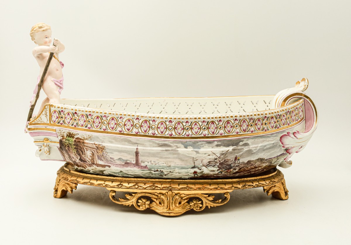 Painted Earthenware Bowl Representing A Boat Signed Majorelle Nancy School Of Nancy