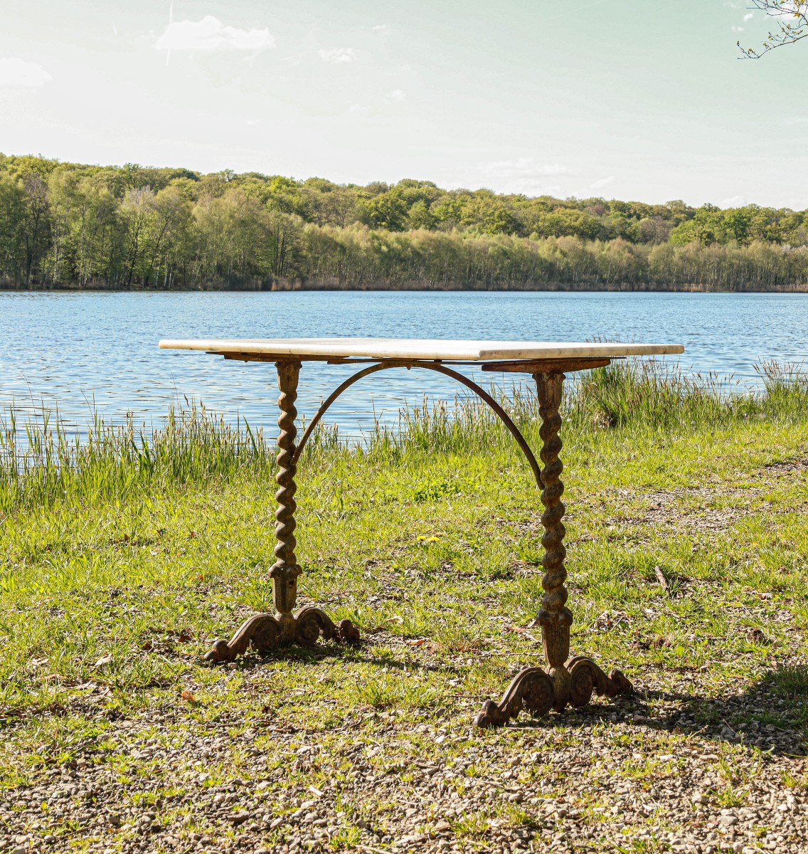 Rare 19th Century Charles X Wrought Iron And Marble Bistro Table