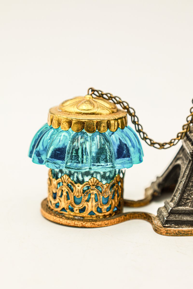 Eiffel Tower Salt And Pepper Shaker 1900-1910 Art Nouveau Regule And Blue Moulded Glass-photo-1