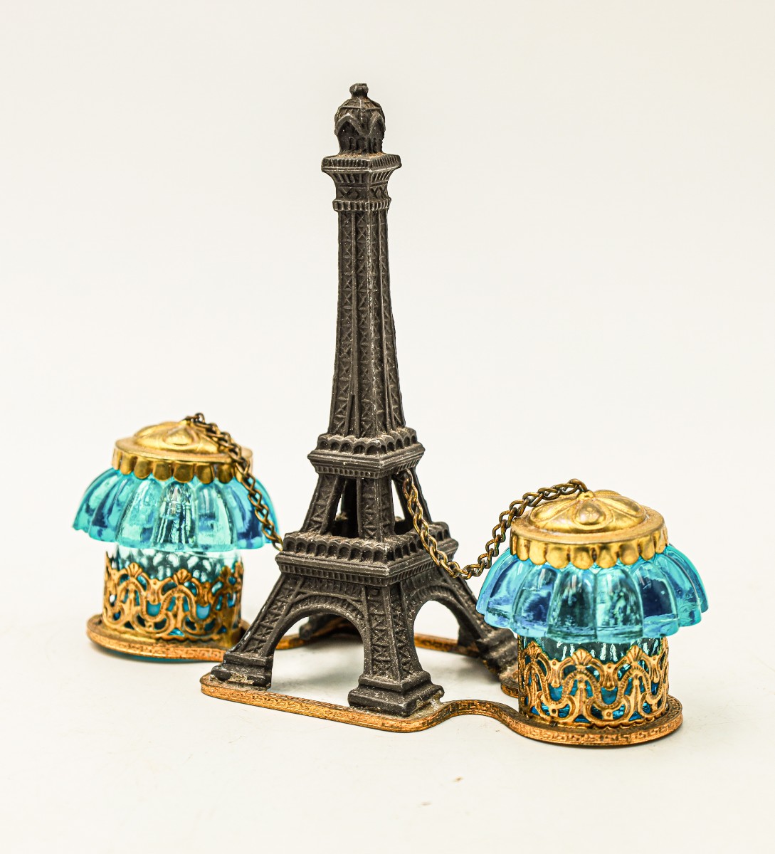 Eiffel Tower Salt And Pepper Shaker 1900-1910 Art Nouveau Regule And Blue Moulded Glass