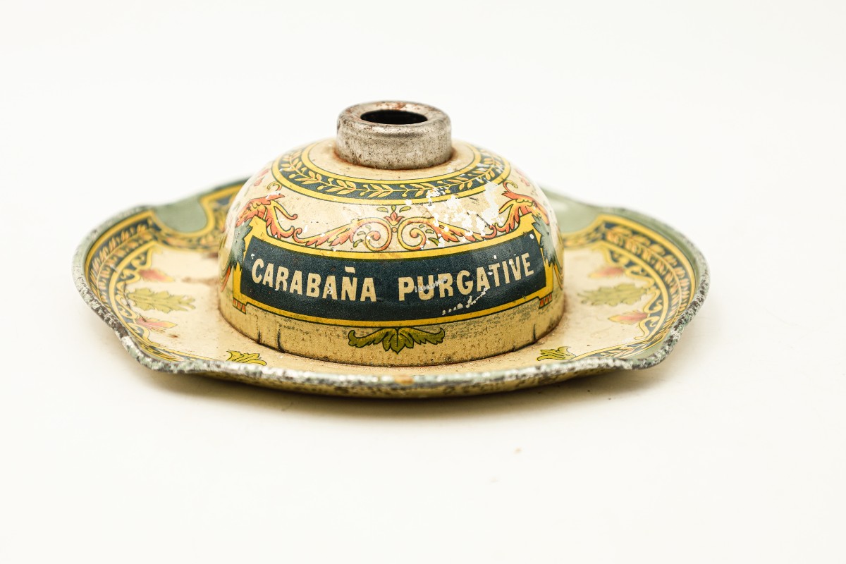 Encrier en tôle lithographiée Pougues Saint Léger Carabana purgative publicité pub