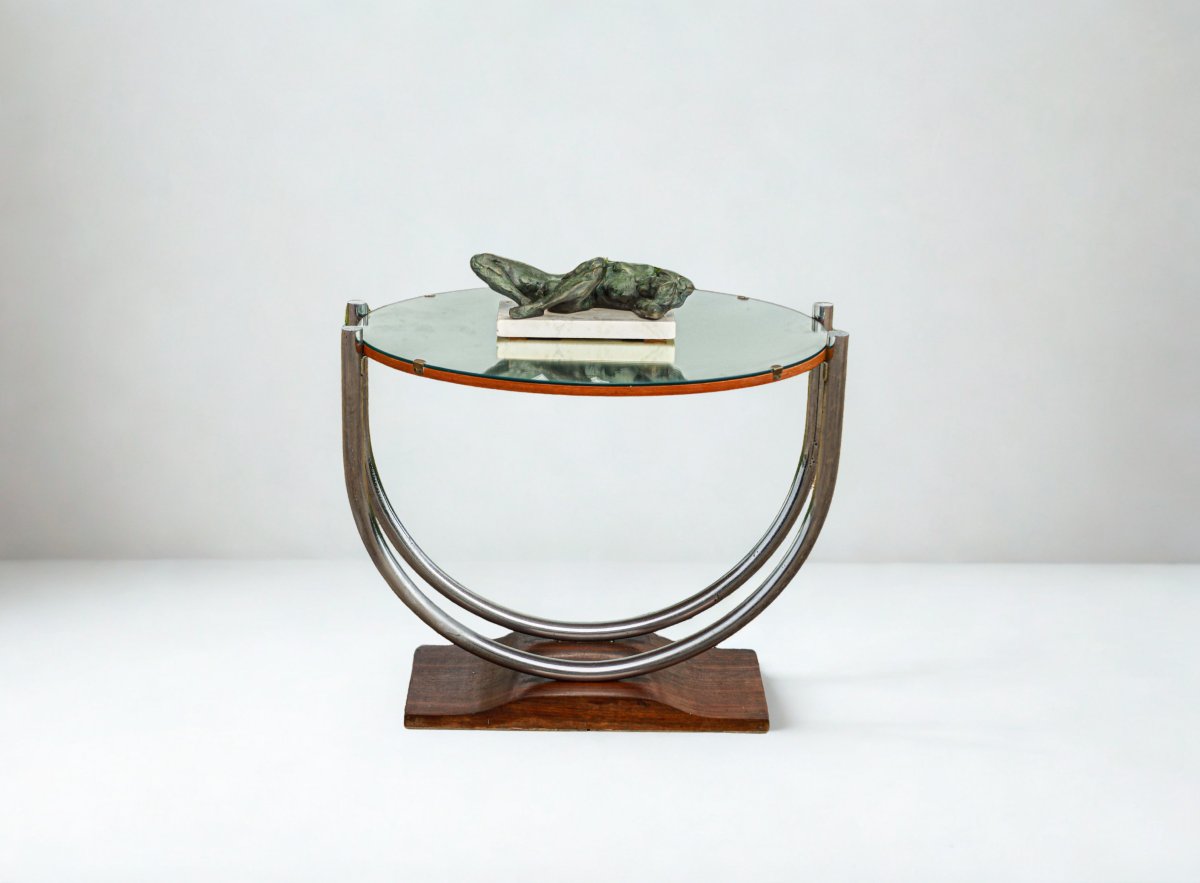Art Deco Bauhaus Pedestal Table, Chrome-plated Metal, Glass And Wood-photo-2