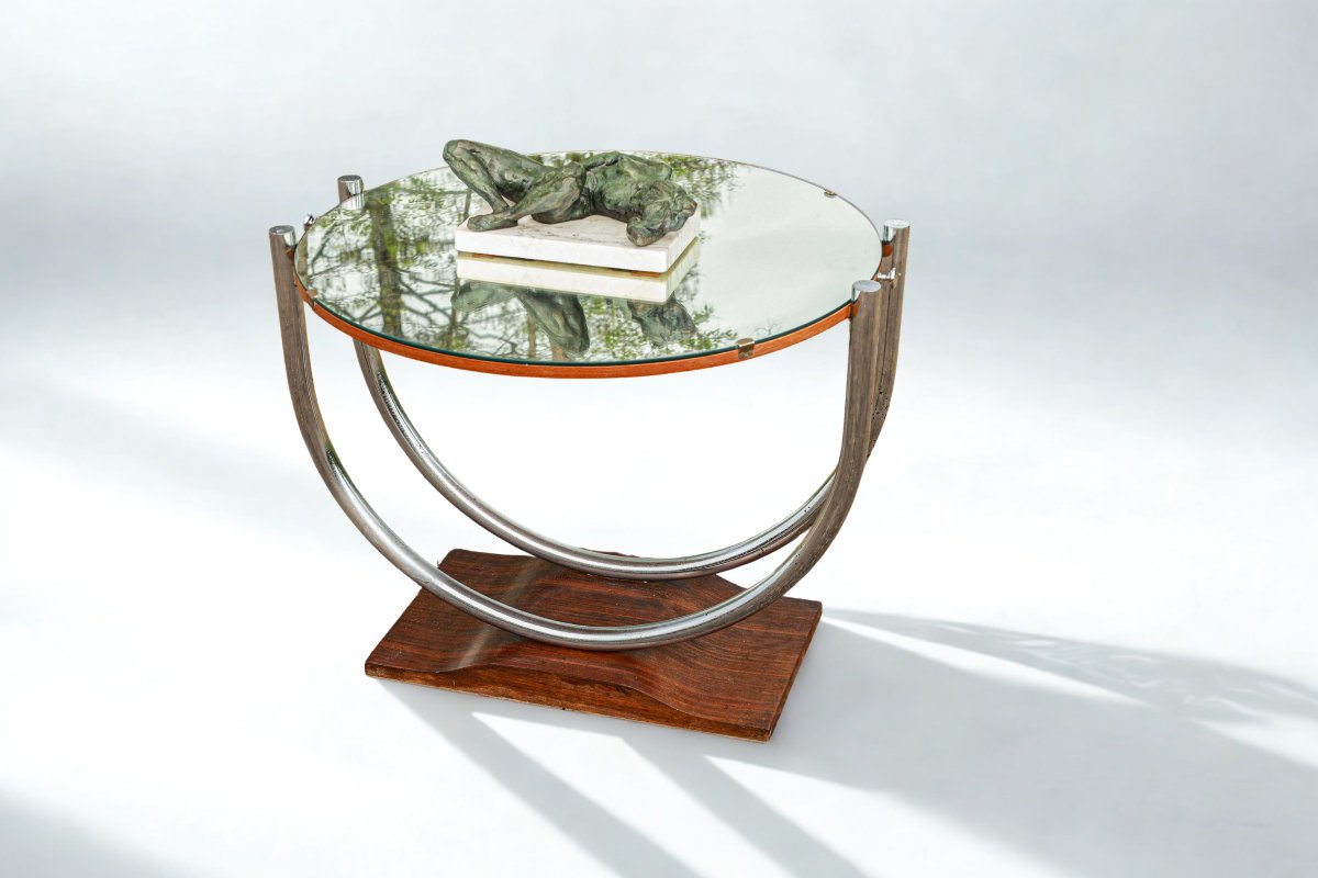 Art Deco Bauhaus Pedestal Table, Chrome-plated Metal, Glass And Wood-photo-3