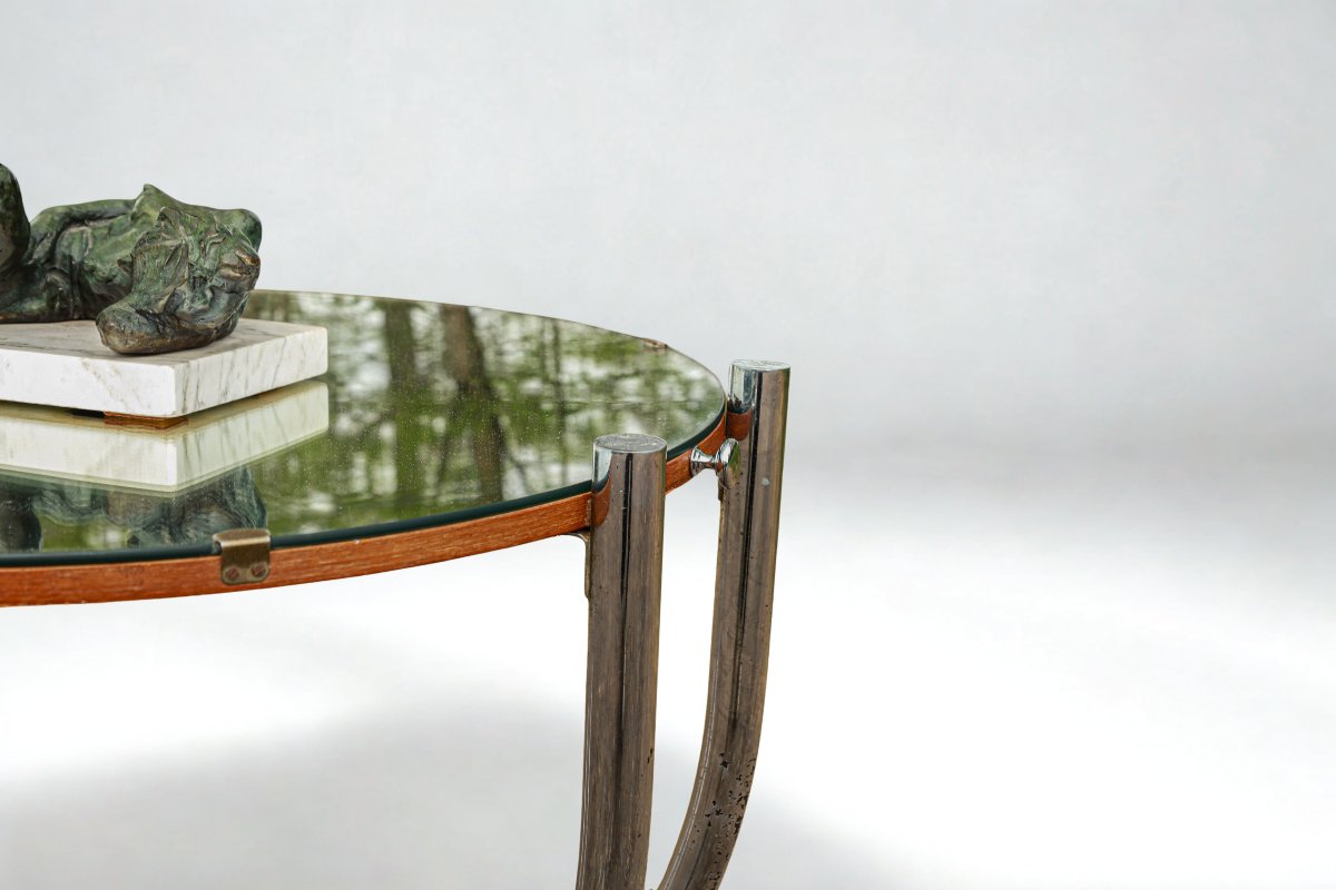 Art Deco Bauhaus Pedestal Table, Chrome-plated Metal, Glass And Wood-photo-4