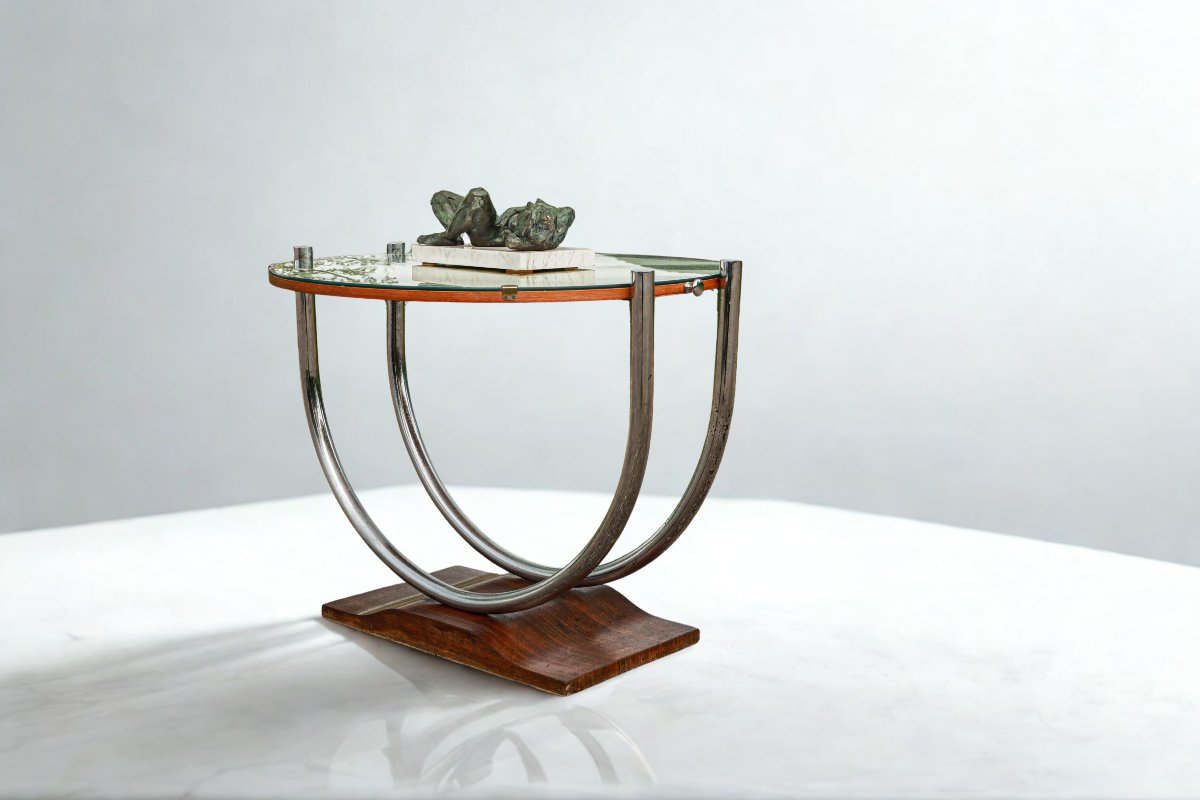 Art Deco Bauhaus Pedestal Table, Chrome-plated Metal, Glass And Wood-photo-1
