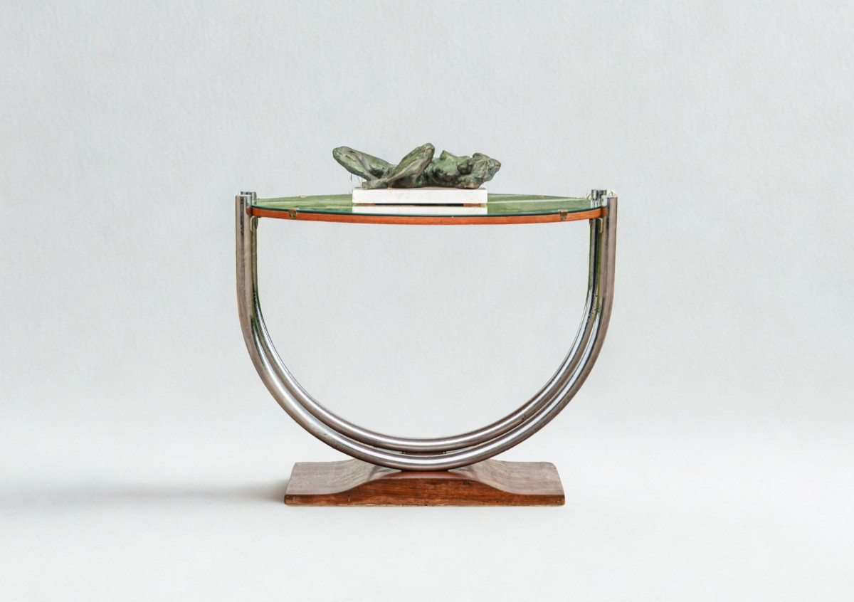 Art Deco Bauhaus Pedestal Table, Chrome-plated Metal, Glass And Wood