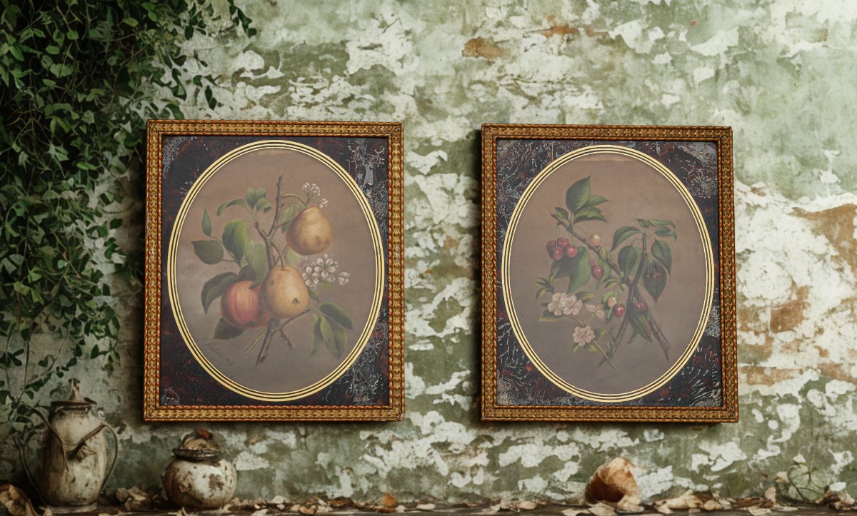 Paire de tableaux pastel nature morte 19ème siècle signés J ROBERTI cerises et poires-photo-2