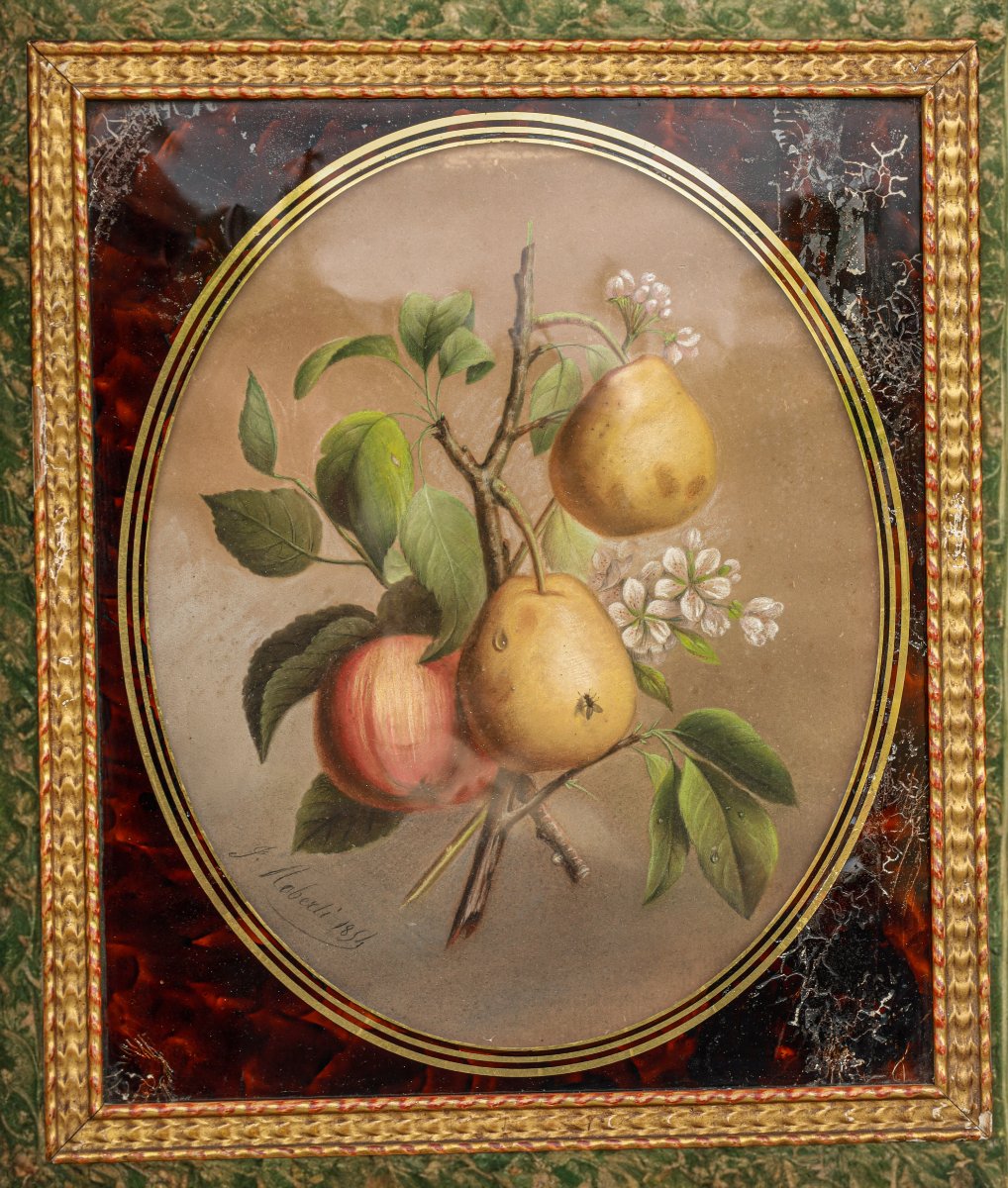 Paire de tableaux pastel nature morte 19ème siècle signés J ROBERTI cerises et poires-photo-3