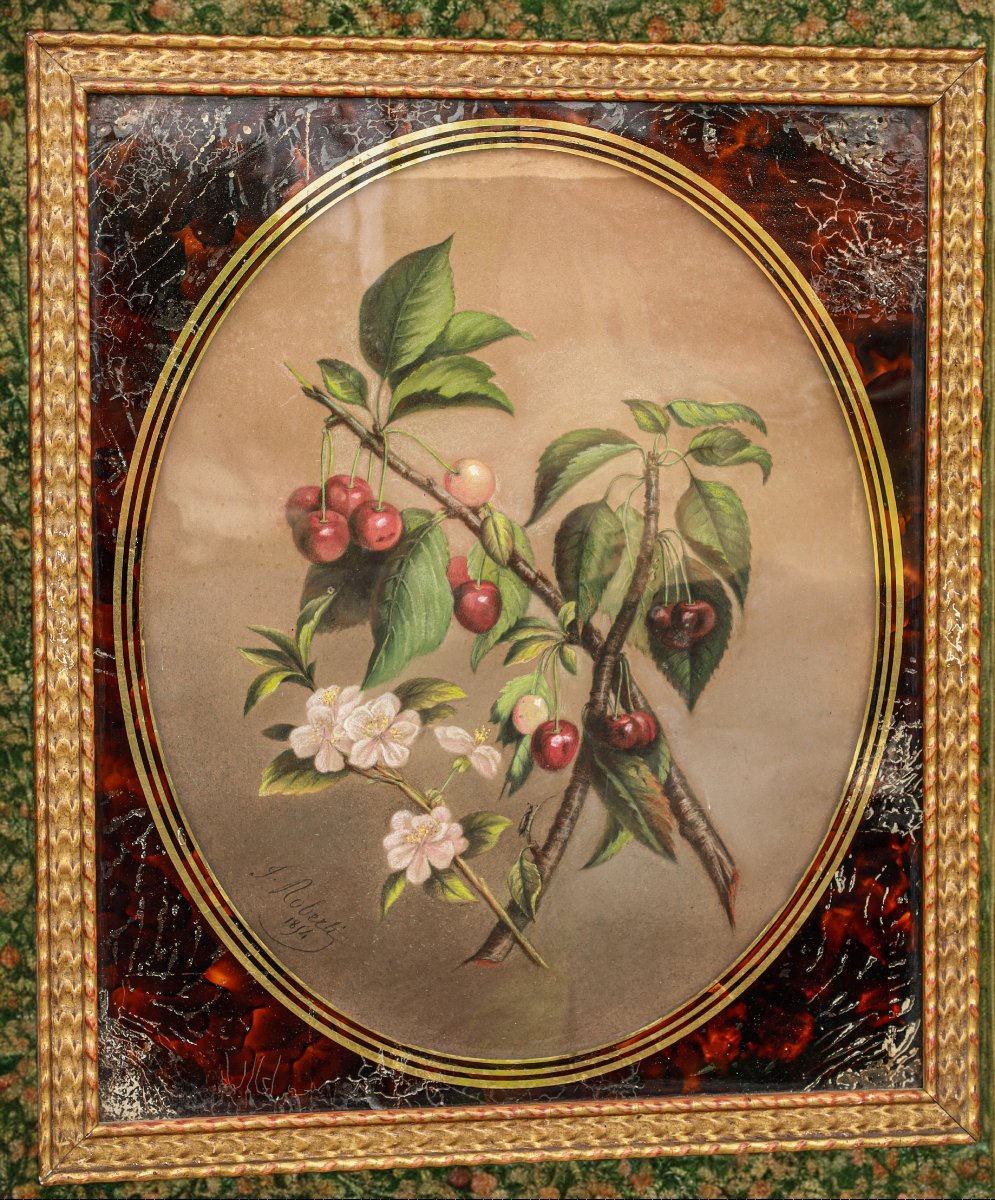 Paire de tableaux pastel nature morte 19ème siècle signés J ROBERTI cerises et poires-photo-4