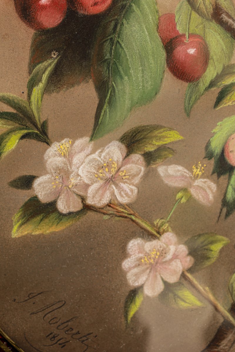 Paire de tableaux pastel nature morte 19ème siècle signés J ROBERTI cerises et poires-photo-5
