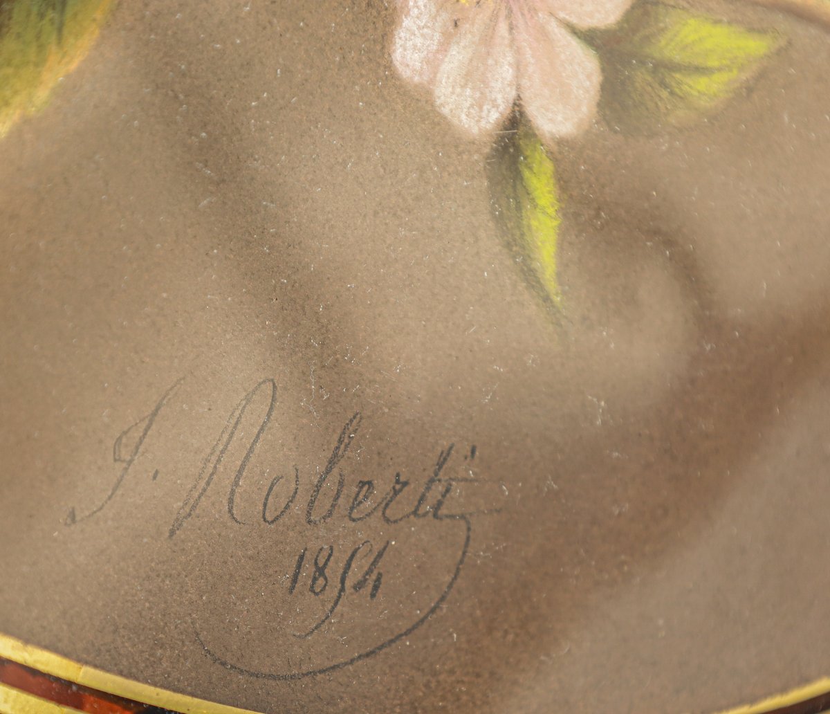 Paire de tableaux pastel nature morte 19ème siècle signés J ROBERTI cerises et poires-photo-7
