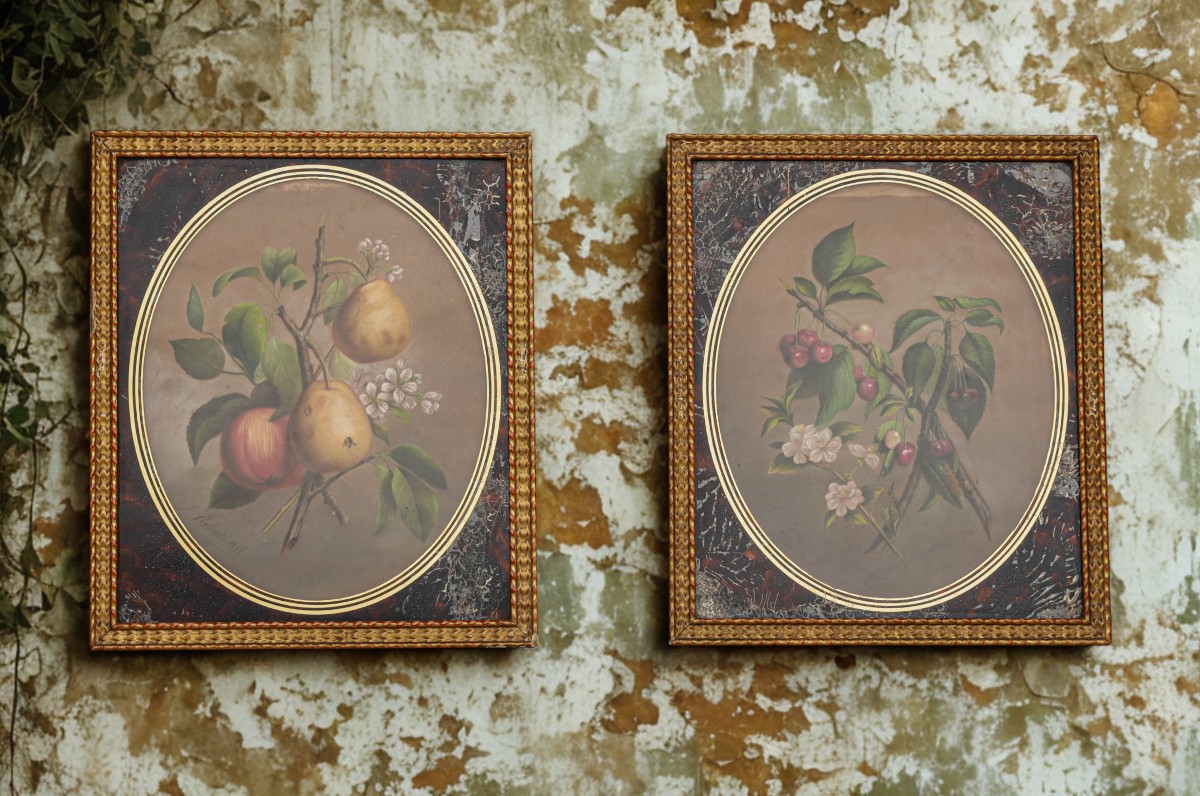 Paire de tableaux pastel nature morte 19ème siècle signés J ROBERTI cerises et poires