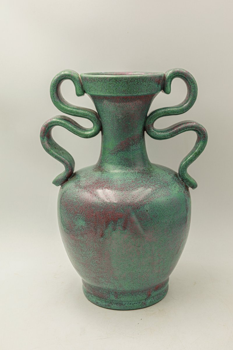 Grand vase à anses en céramique émaillée vert moucheté de Lunetta à Vallauris daté de 1955-photo-2