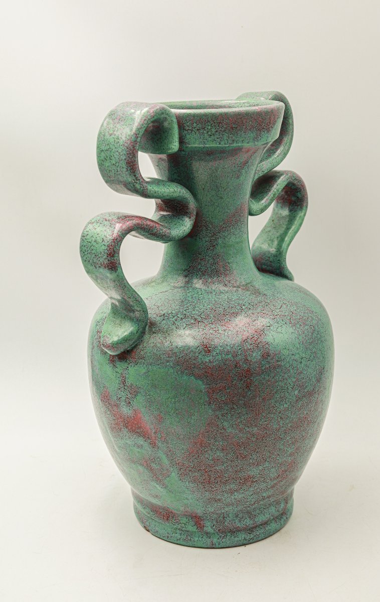 Grand vase à anses en céramique émaillée vert moucheté de Lunetta à Vallauris daté de 1955-photo-3