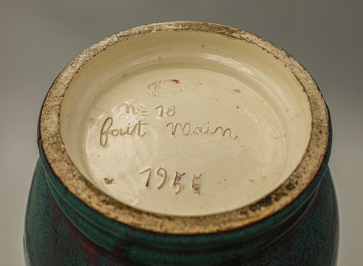 Grand vase à anses en céramique émaillée vert moucheté de Lunetta à Vallauris daté de 1955-photo-4
