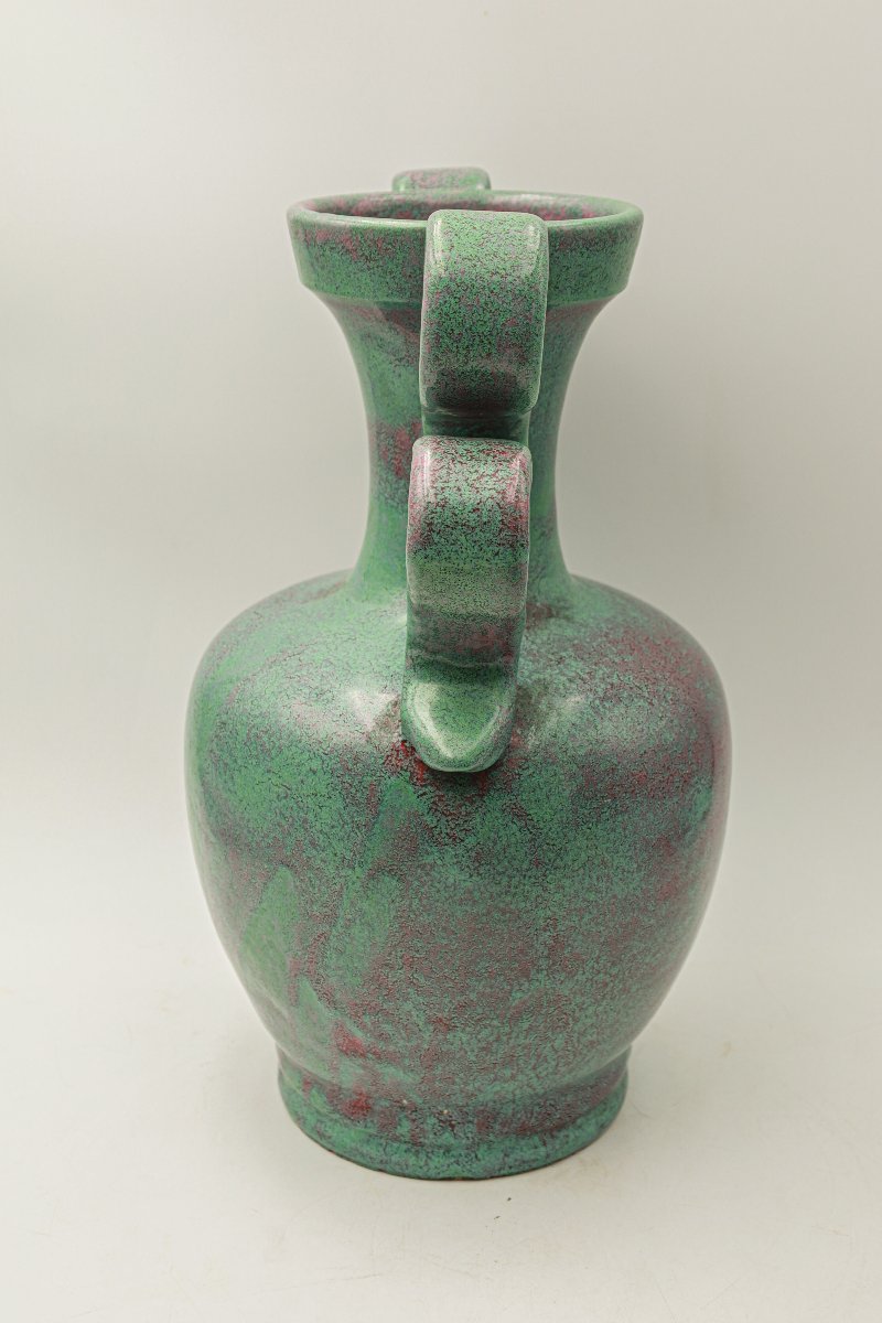 Grand vase à anses en céramique émaillée vert moucheté de Lunetta à Vallauris daté de 1955-photo-1