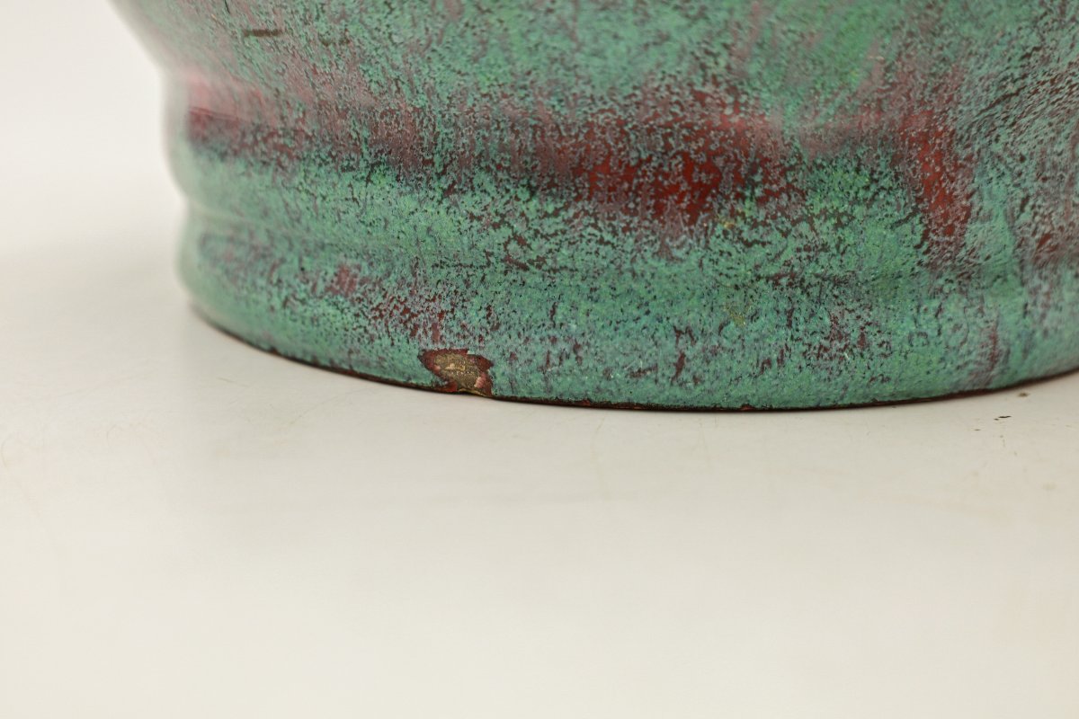 Grand vase à anses en céramique émaillée vert moucheté de Lunetta à Vallauris daté de 1955-photo-3