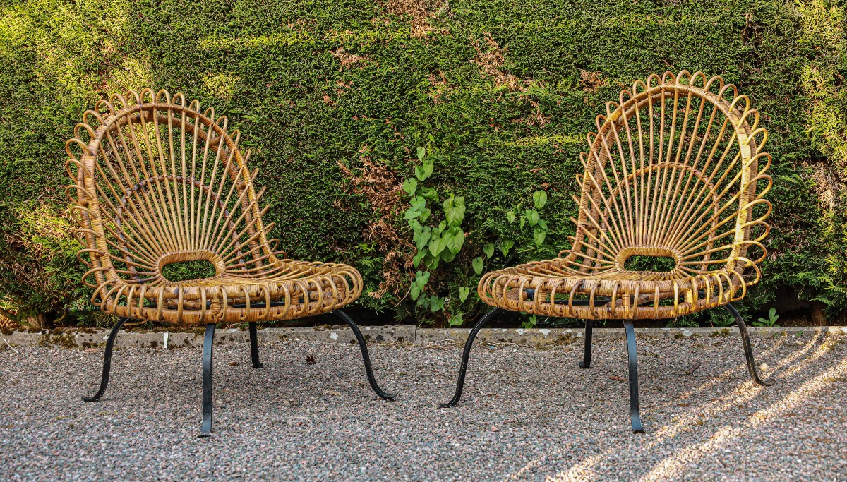 Paire de fauteuils en rotin osier et fer forgé design Janine Abraham et Dirk Jan Rol vintage
